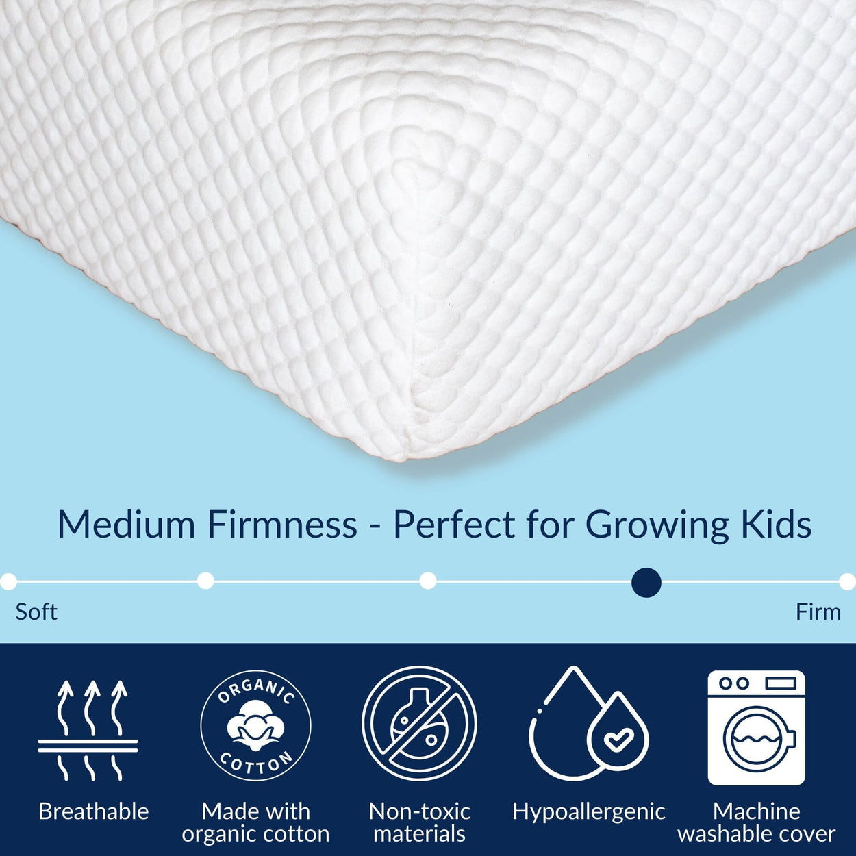Medium firmness pillow for kids, breathable organic cotton, non-toxic, hypoallergenic, machine washable cover.