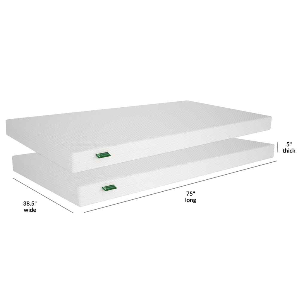 Twin-size bunk mattress with dimensions 75" long, 38.5" wide, and 5" thick, ideal for comfortable sleeping arrangements.