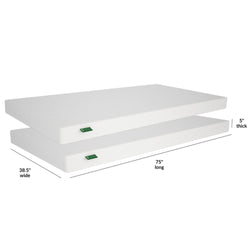 Twin-size bunk mattress with dimensions 75" long, 38.5" wide, and 5" thick, ideal for comfortable sleeping arrangements.