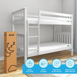 White wooden bunk bed with mattresses displayed in a modern bedroom setting, featuring an easy installation box and setup instructions.