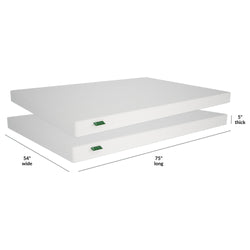 Full-size memory foam mattress dimensions - 54 inches wide, 75 inches long, 5 inches thick.