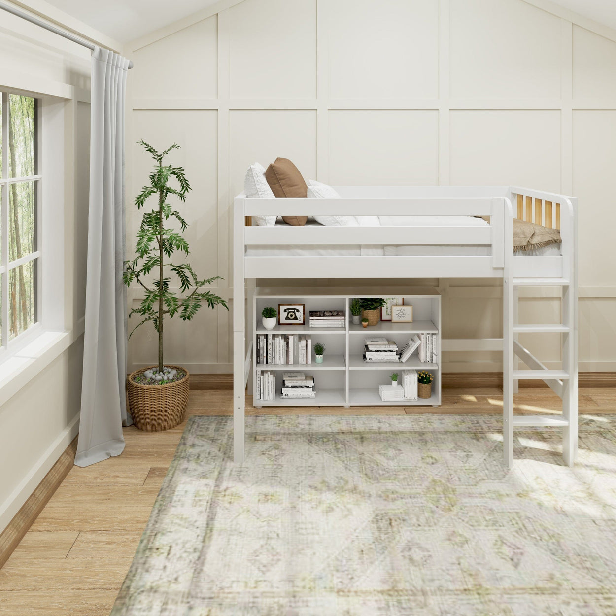 Cozy loft bed with shelves in modern bedroom featuring wooden flooring and natural light.