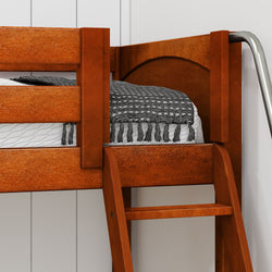 Wooden bunk bed with gray blanket and metal ladder in a modern bedroom setting.