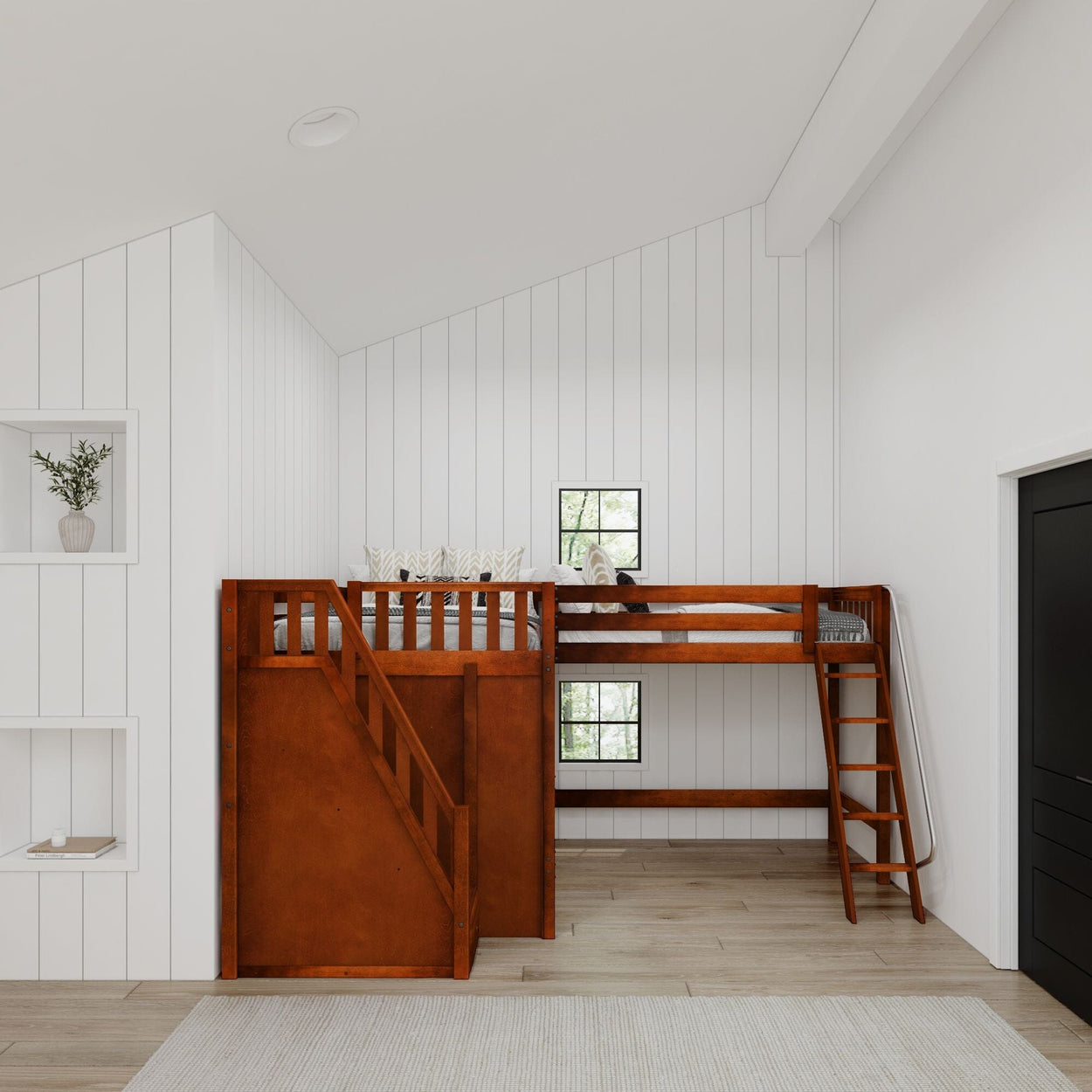 Modern wooden loft bed in a bright minimalist bedroom with white shiplap walls.