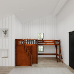 Modern wooden loft bed in a bright minimalist bedroom with white shiplap walls.