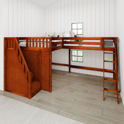 Wooden L-shaped loft bed with stairs and ladder in modern room interior.
