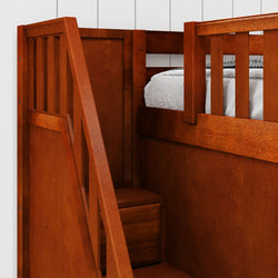 Wooden staircase with a high-raised bed and built-in storage drawers in a modern design.