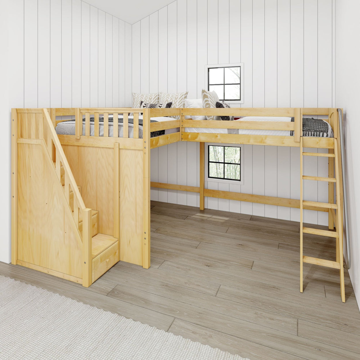 Wooden L-shaped loft bed with built-in storage and staircase in a white-paneled kids room.