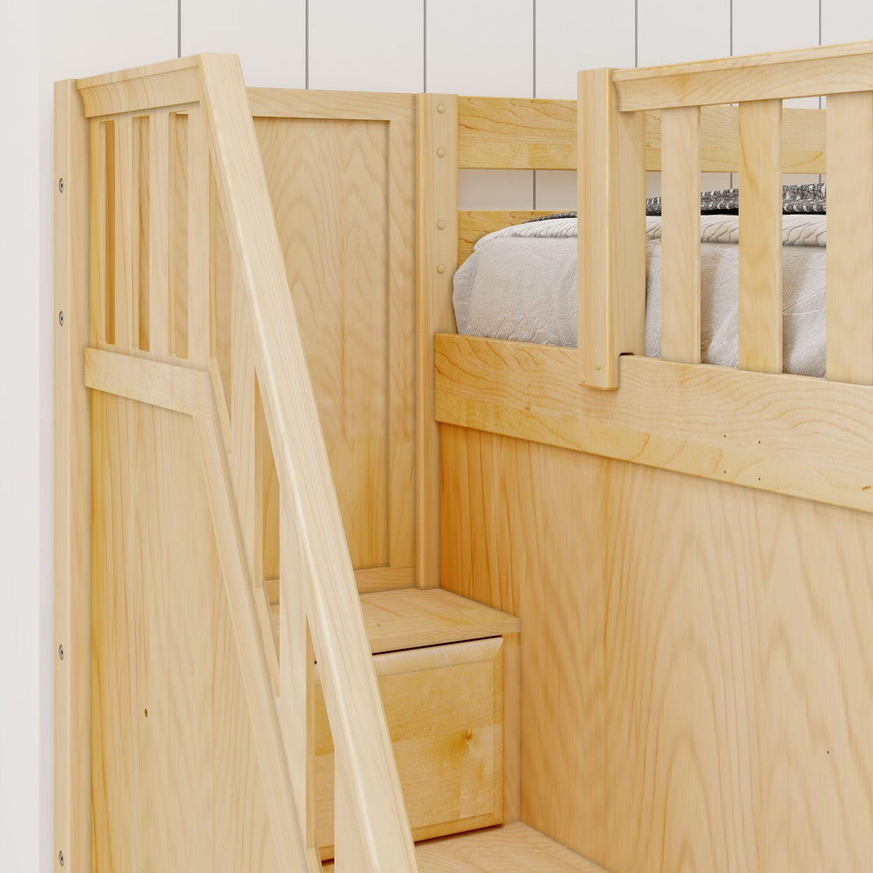 Wooden loft bed with built-in staircase and under-stair storage for kids' bedroom.