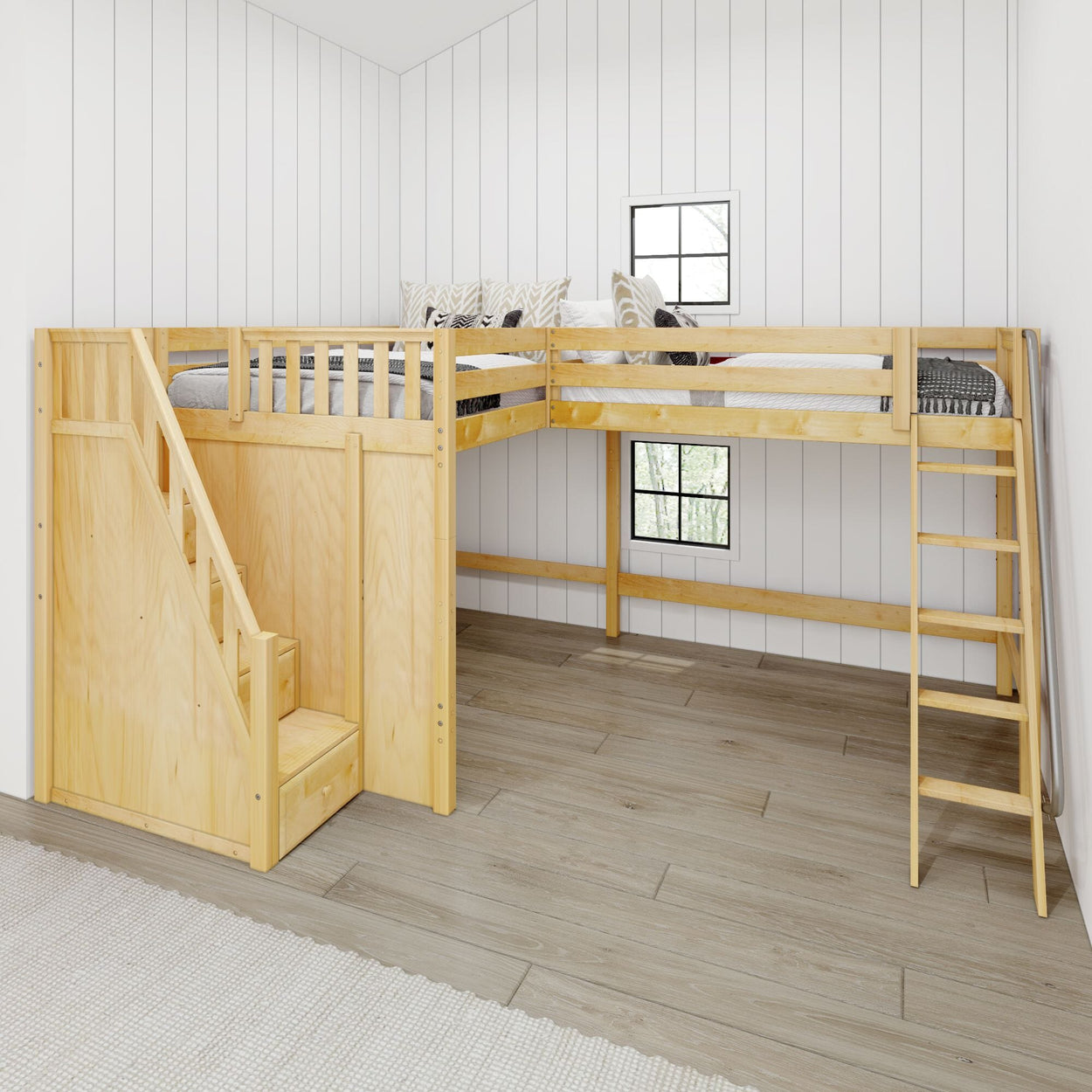 Wooden loft bed with staircase and ladder in modern bedroom setting.