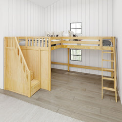 Wooden loft bed with staircase and ladder in modern bedroom setting.