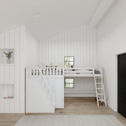 White loft bed with ladder in modern children’s bedroom featuring wood flooring and built-in decor shelves.