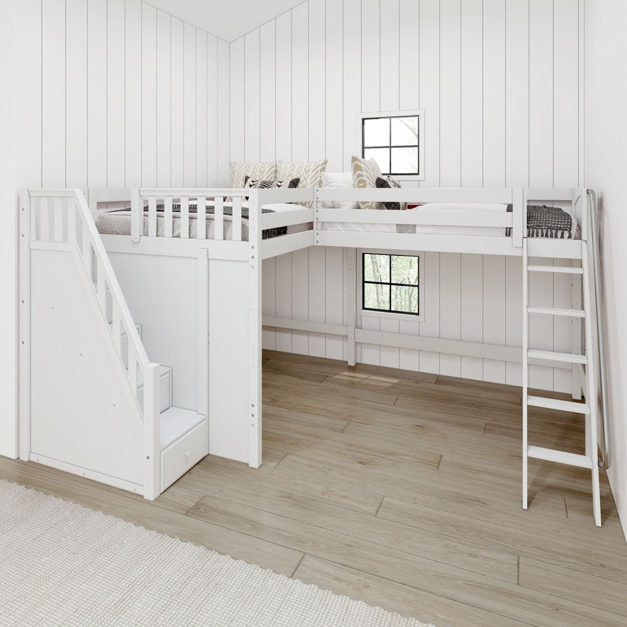 White wooden loft bed with stairs and ladder in modern bedroom with wood flooring and white panel walls.