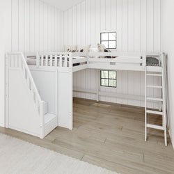 White wooden loft bed with stairs and ladder in modern bedroom with wood flooring and white panel walls.
