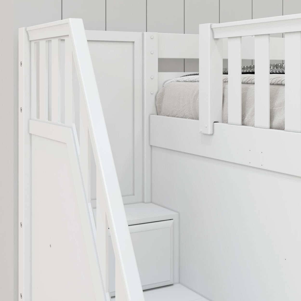 White wooden bunk bed with built-in storage, showcasing modern design and compact functionality.