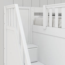 White wooden bunk bed with built-in storage, showcasing modern design and compact functionality.