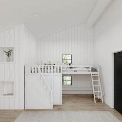 Modern white loft bed with built-in storage in a bright minimalist bedroom.