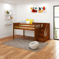 Wooden loft bed for kids with stairs and decorative pillows in a modern children's bedroom.