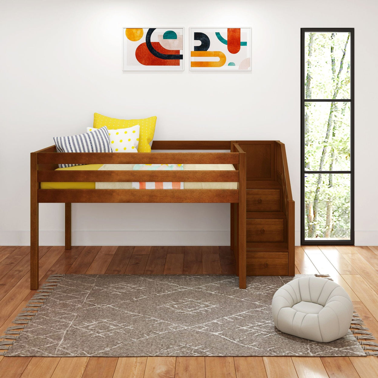Wooden loft bed with stairs in modern kids' room featuring geometric wall art and natural light.