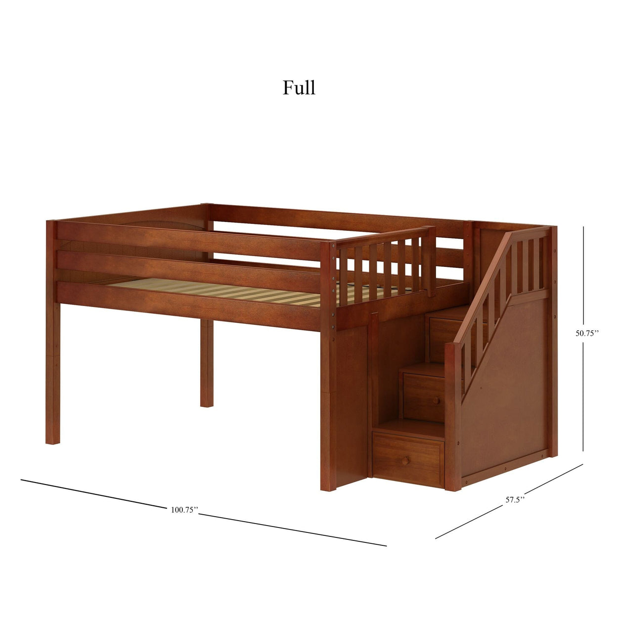 Full-size wooden loft bed with stairs, cherry finish, space-saving design.