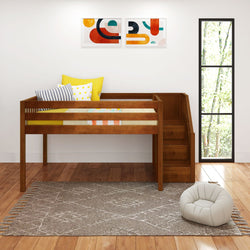 Wooden loft bed with stairs and colorful pillows in a modern, minimalistic bedroom with hardwood floors and abstract wall art.