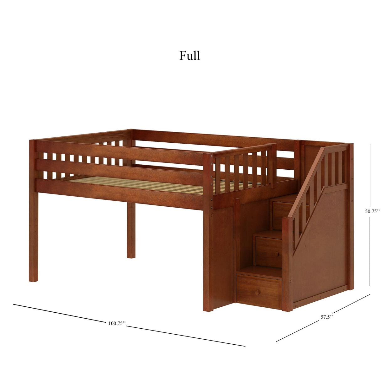 Wooden full-size loft bed with stairs and storage drawers, dimensions 100.75" x 57.5" x 50.75".