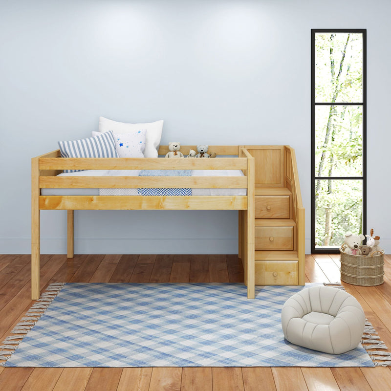 Modern nursery with natural wood loft bed and storage stairs, blue plaid rug, star-pattern pillows and teddy bears by tall window
