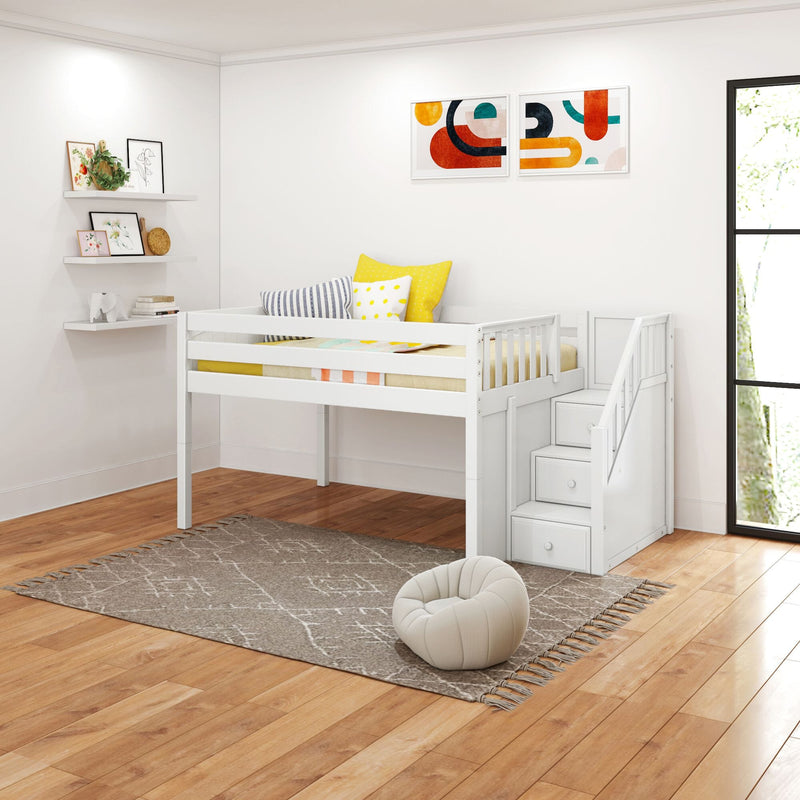 White kids loft bed in Scandinavian nursery with yellow pillows, abstract wall art, floating shelves and hardwood floors.