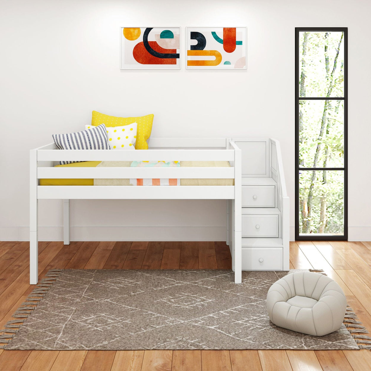 White loft bed with stairs in a modern children's room, featuring colorful pillows and abstract wall art for a stylish and functional bedroom design.