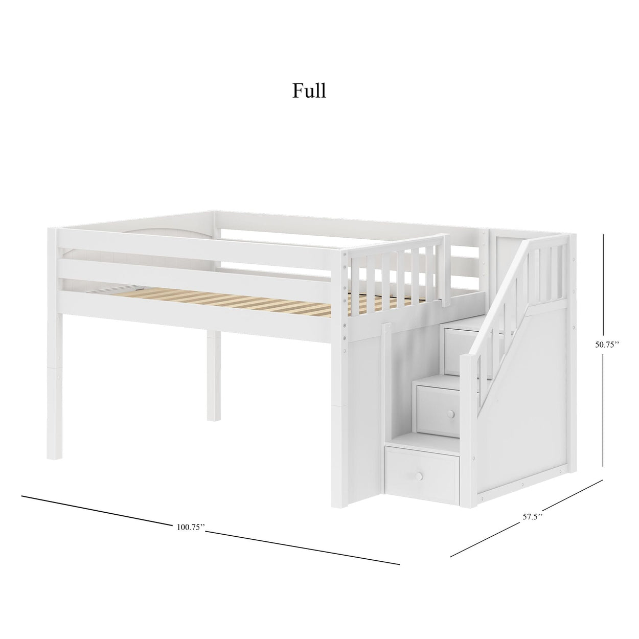 Full-size white loft bed with staircase and storage drawers, dimensions included.