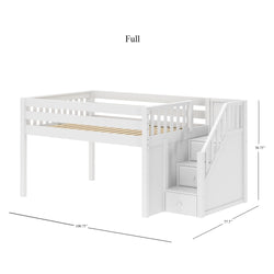 Full-size white loft bed with stairs and storage drawers, 100.75 inches long, 57.5 inches wide, 50.75 inches high.