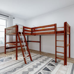 Wooden loft bed with ladder in modern bedroom design.