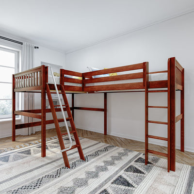Loft bed with wooden frame and ladder in modern bedroom.