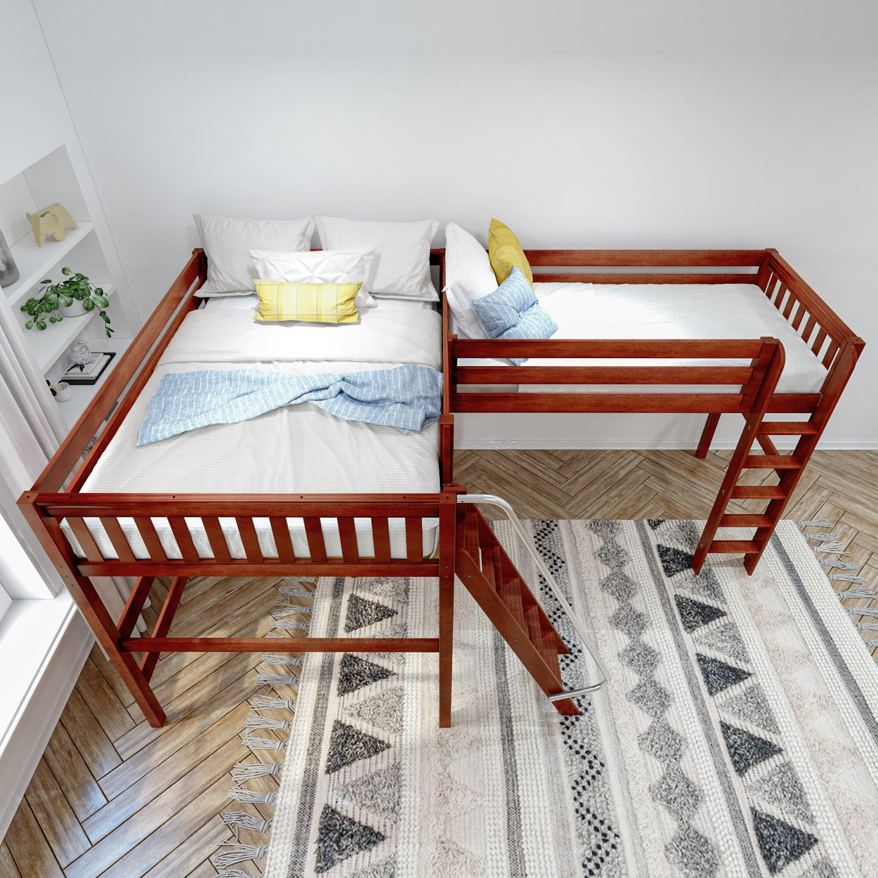 Wooden L-shaped loft bed with slide and bedding in modern kids' room.