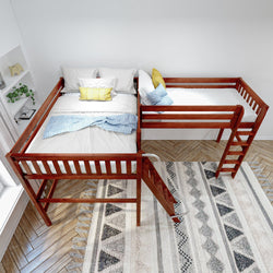 Wooden L-shaped loft bed with slide and bedding in modern kids' room.