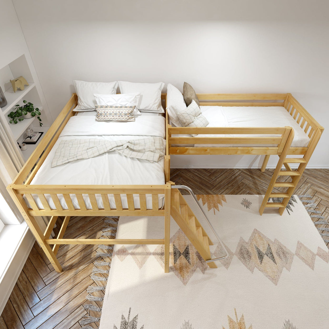 L-shaped wooden loft bunk bed in modern bedroom with geometric rug.