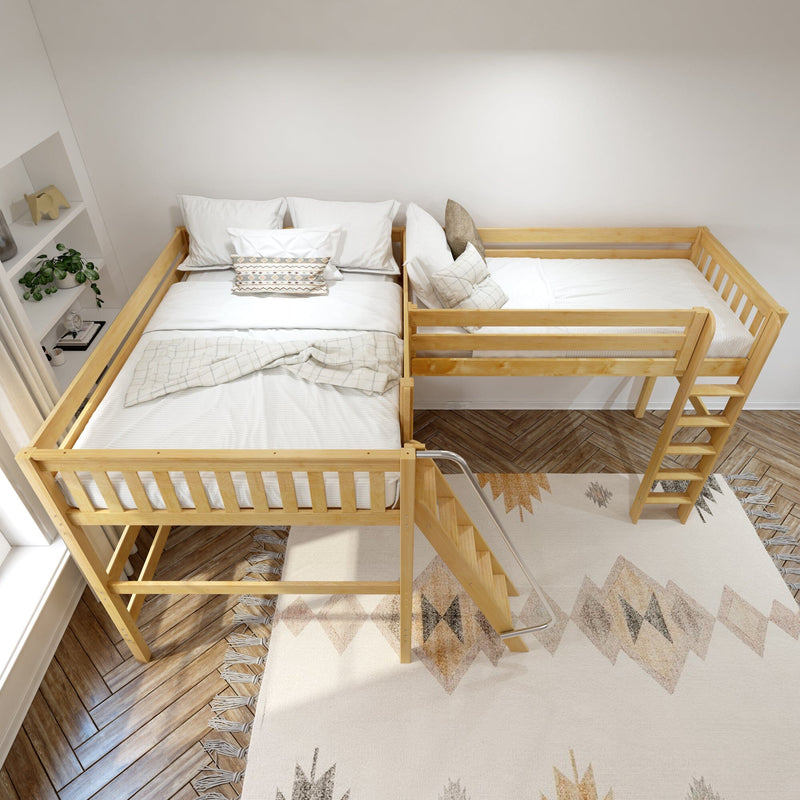 Top-down view of natural wood twin bunk beds with white bedding, ladder, patterned rug and built-in shelving in a modern Scandinavian kids bedroom
