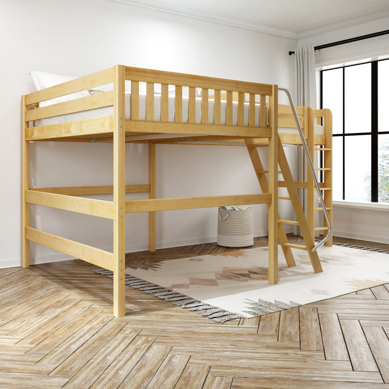 Wooden loft bed with ladder in modern bedroom featuring natural light and cozy decor.