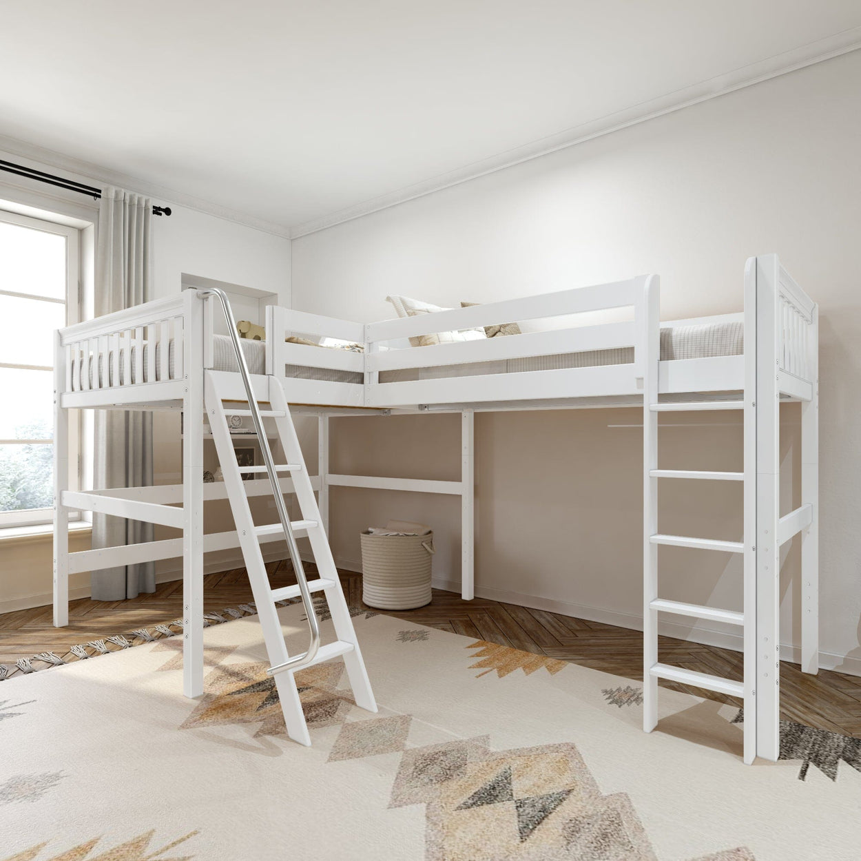 White loft bed with ladder in a modern bedroom setting.