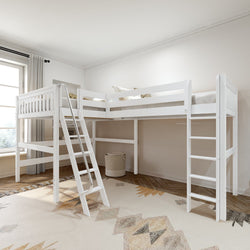 White loft bed with ladder in a modern bedroom setting.