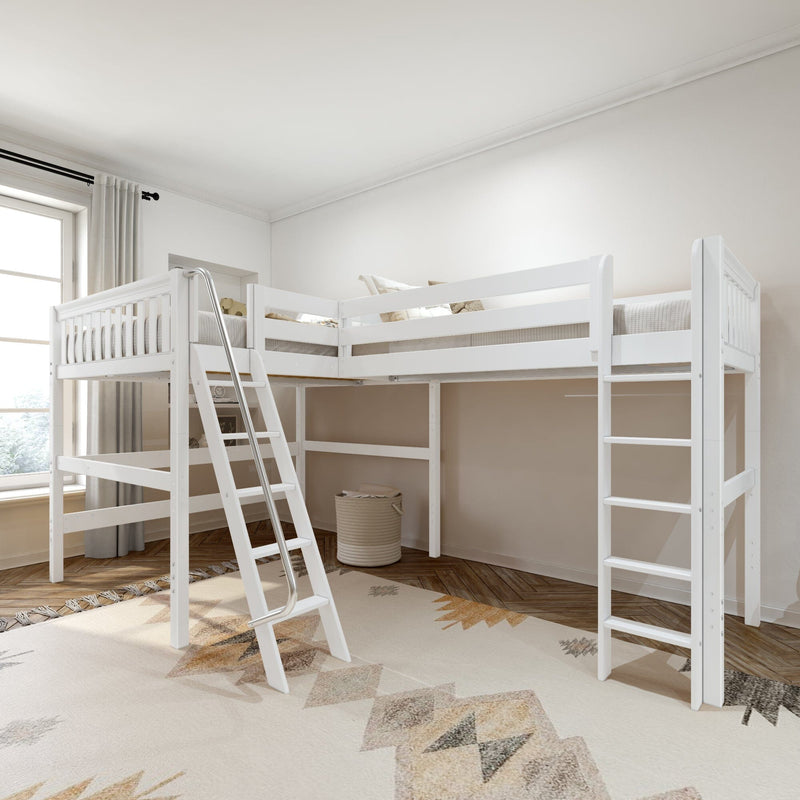 White wooden loft bunk bed with ladder in bright neutral kids' bedroom, patterned rug, wicker basket and window with curtains letting in natural light