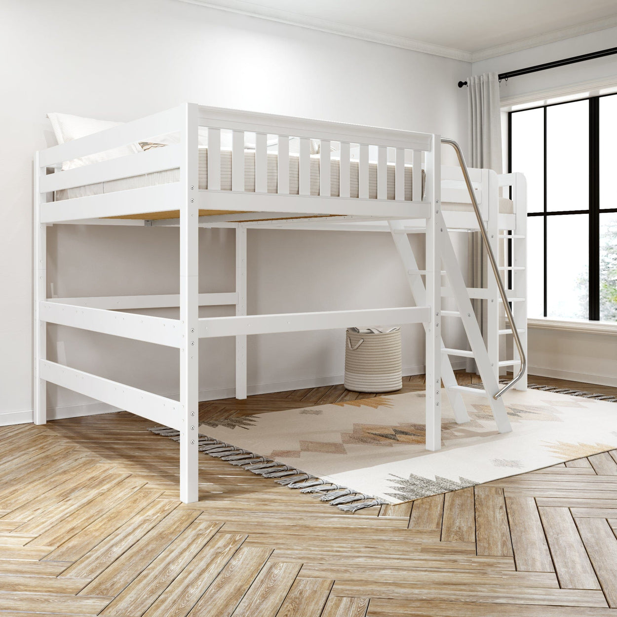 White loft bed with ladder in a modern bedroom with wooden flooring and large window.