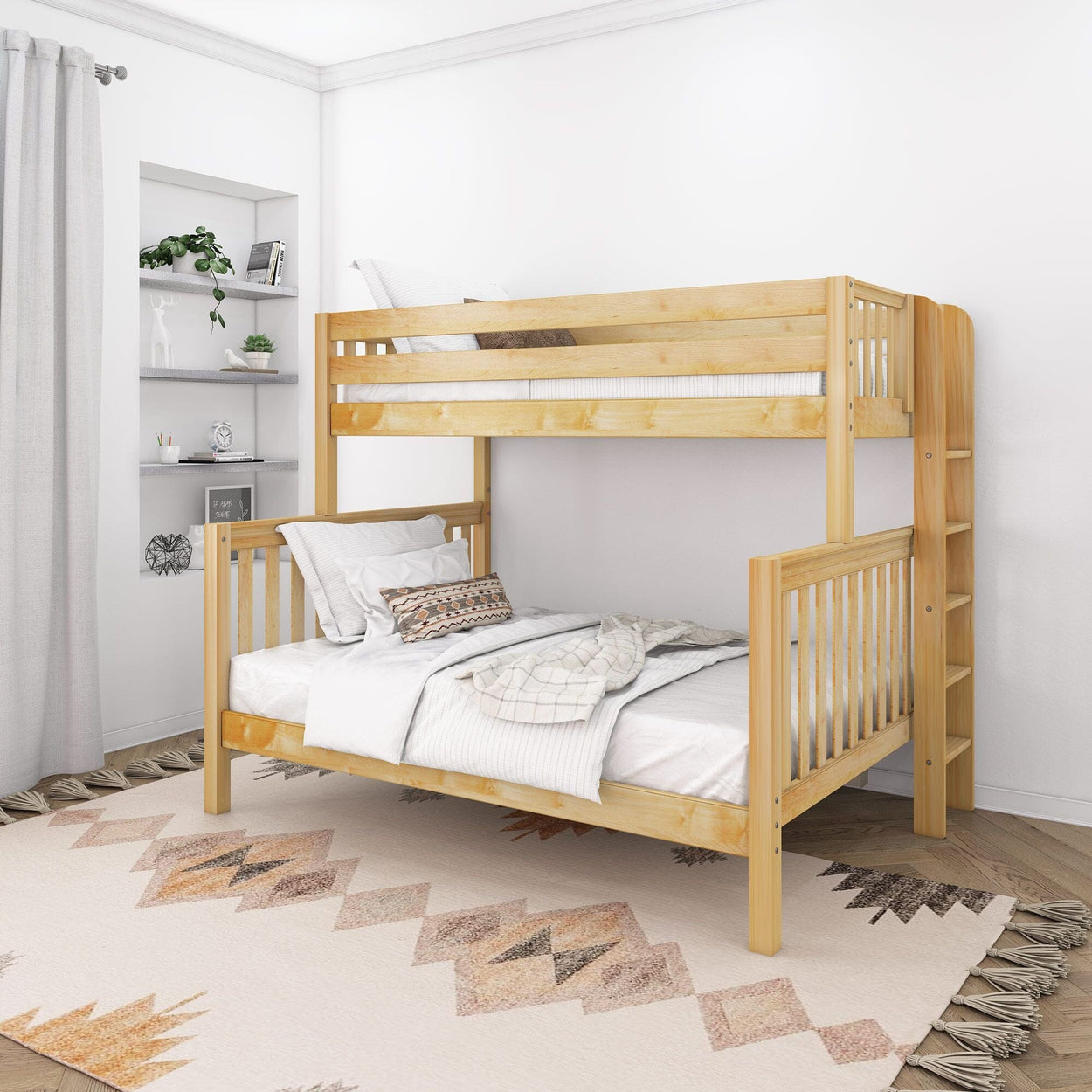 Wooden bunk bed in a bright, cozy bedroom with stylish decor and geometric patterned rug.