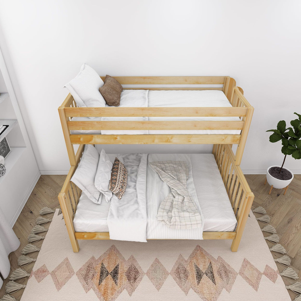 Wooden bunk bed with cozy white bedding in a modern bedroom setting.