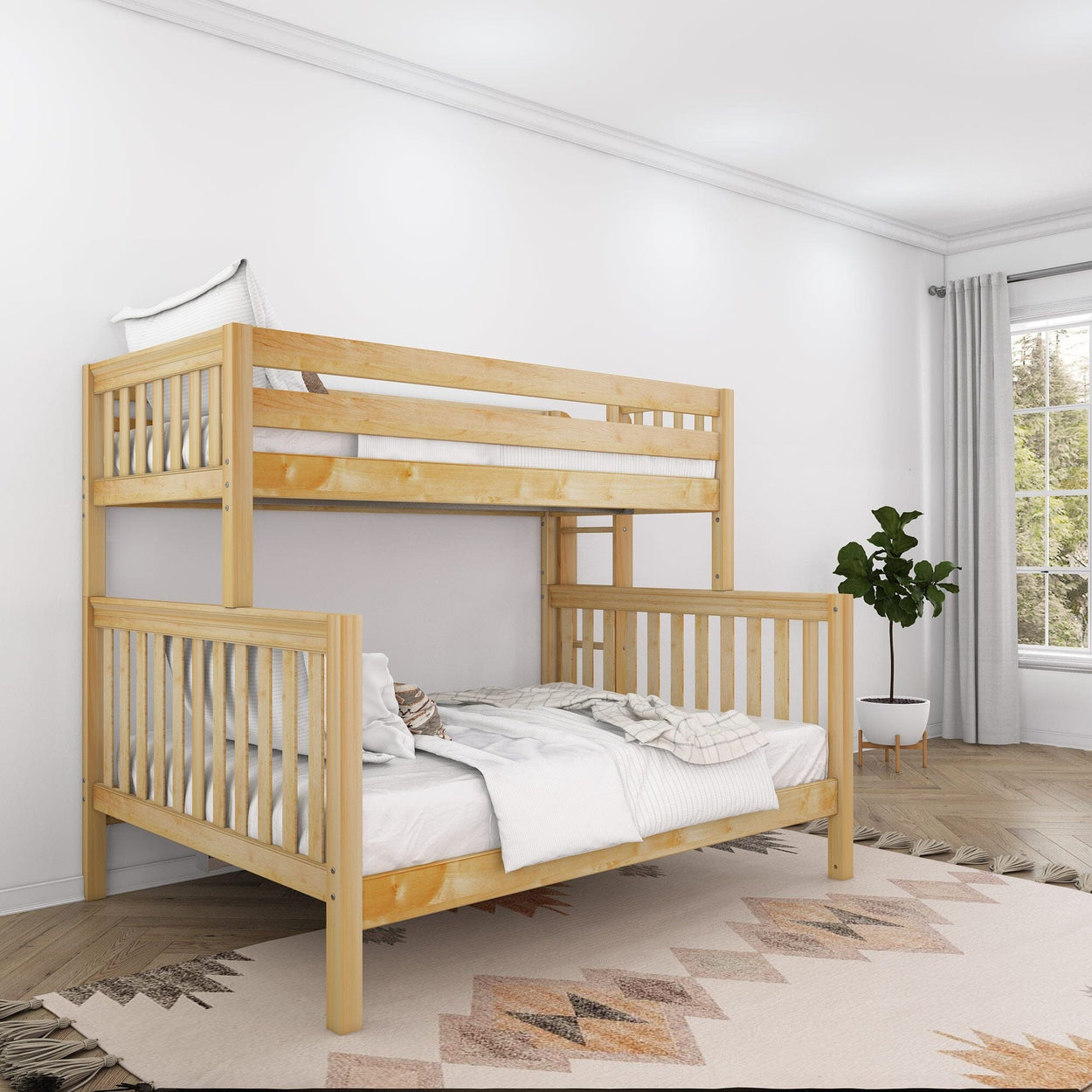 Wooden bunk bed in modern bedroom with white walls and natural light.