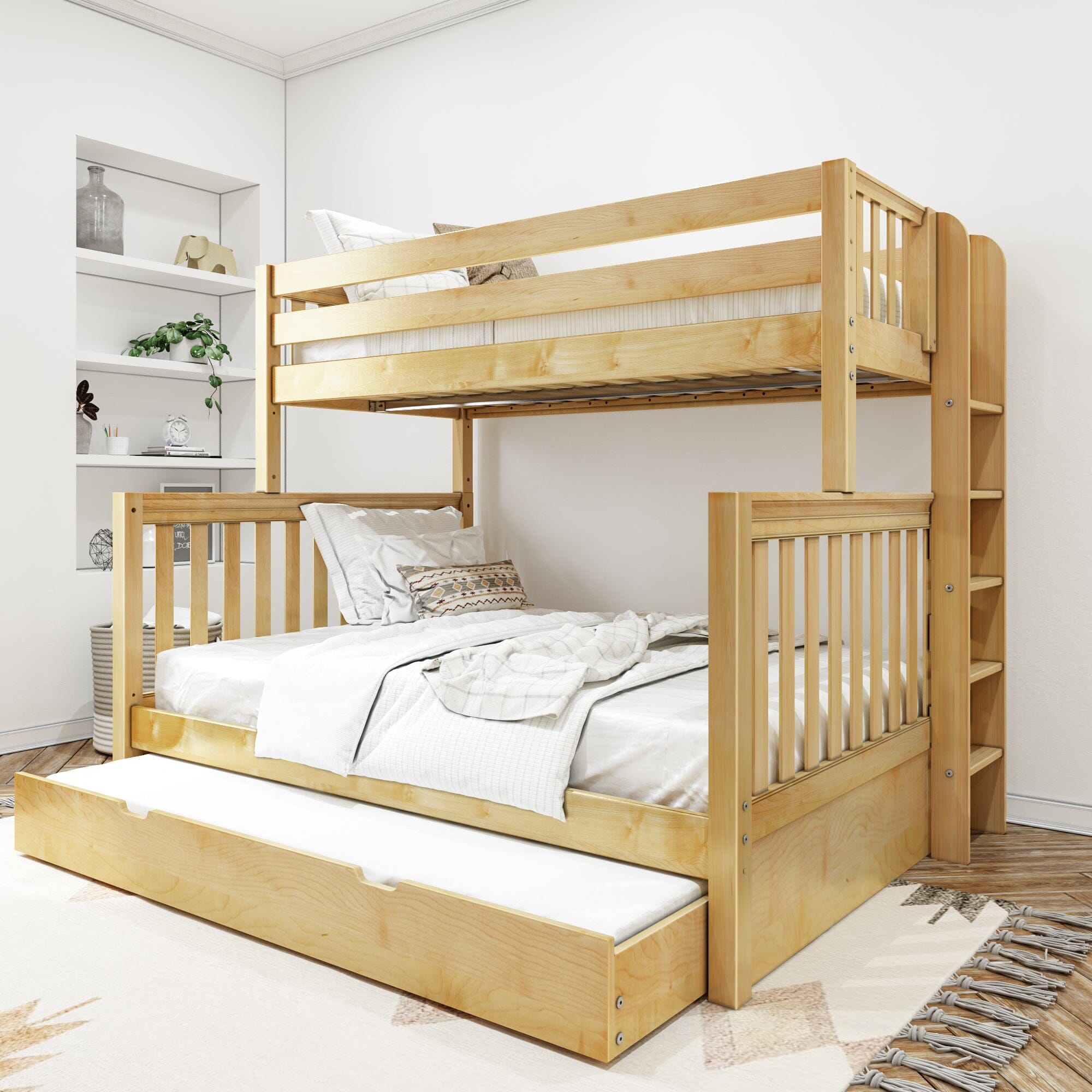Wooden bunk bed with trundle in modern bedroom, featuring cozy bedding and decorative shelf.