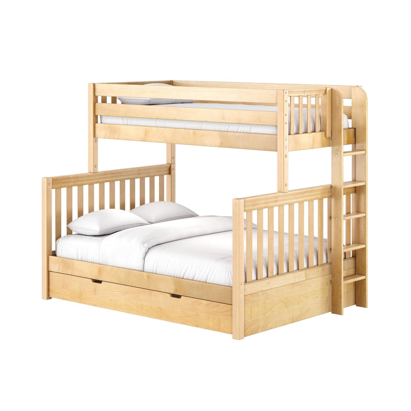 Natural maple solid wood bunk bed (twin-over-full) with ladder, slatted guardrails, under-bed storage drawers and white bedding