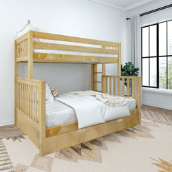 Natural light wood twin-over-full bunk bed with ladder and under-bed storage drawer, white linens and patterned rug in a bright modern bedroom
