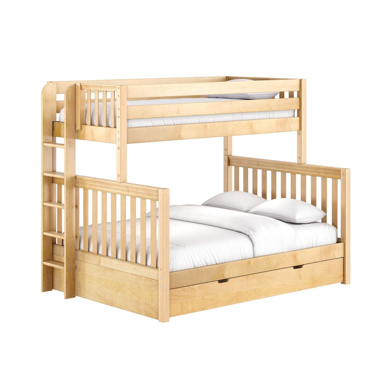 Natural solid wood bunk bed with built-in ladder, safety rails, white bedding and under-bed storage drawer, modern kids' bedroom furniture