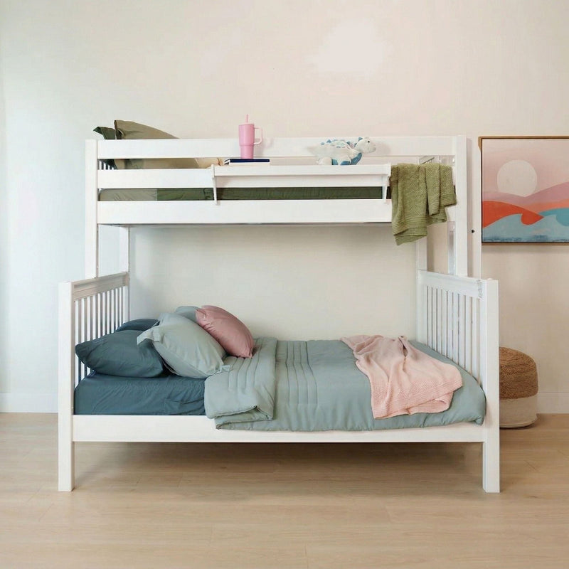White wooden bunk bed with sage green bedding, pink throw and pillows, plush dinosaur toy and pastel wall art in modern kids' bedroom